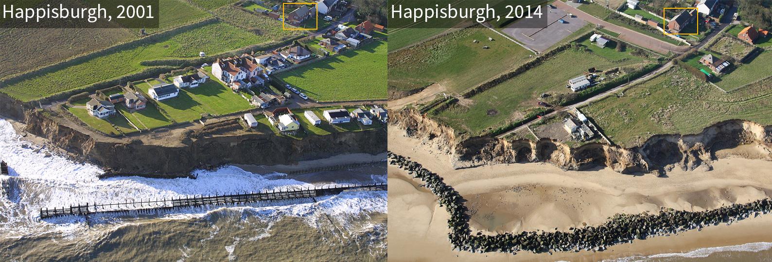 Comparison of Happisburgh coastline in 2001 and 2014