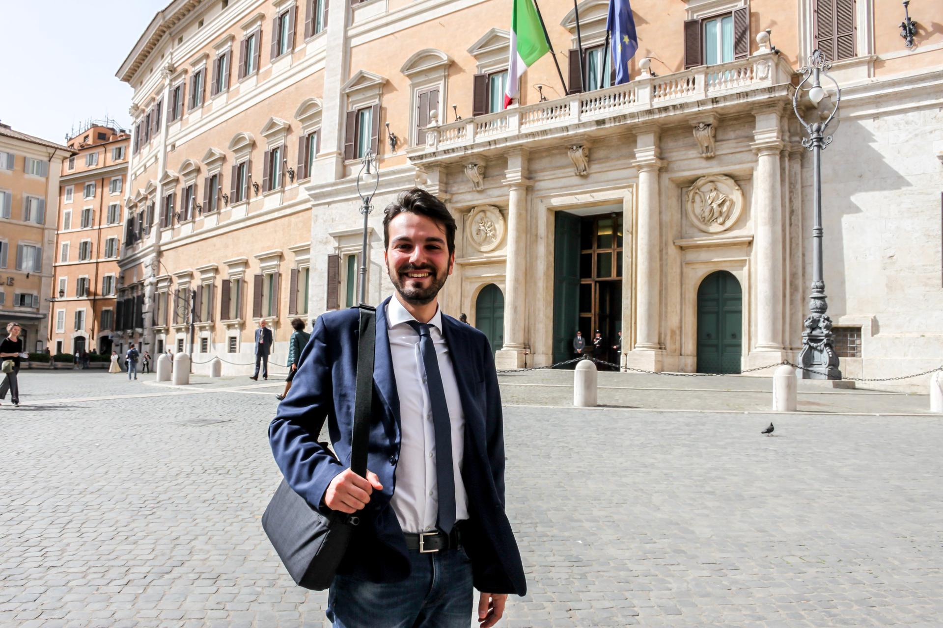 Francesco Berti in front of parliament.