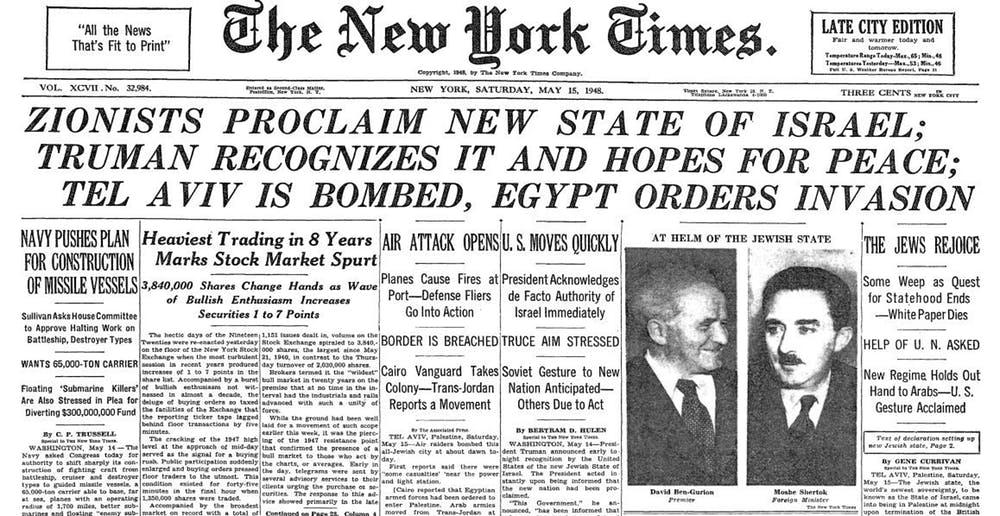 The New York Times front page on May 15, 1948.