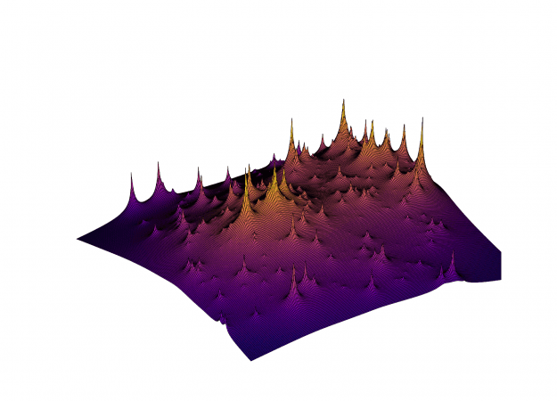 This shows the reconstructed dark matter clump distribution shown as mountain peaks.  Credit: Natarajan, P et al. (2016).