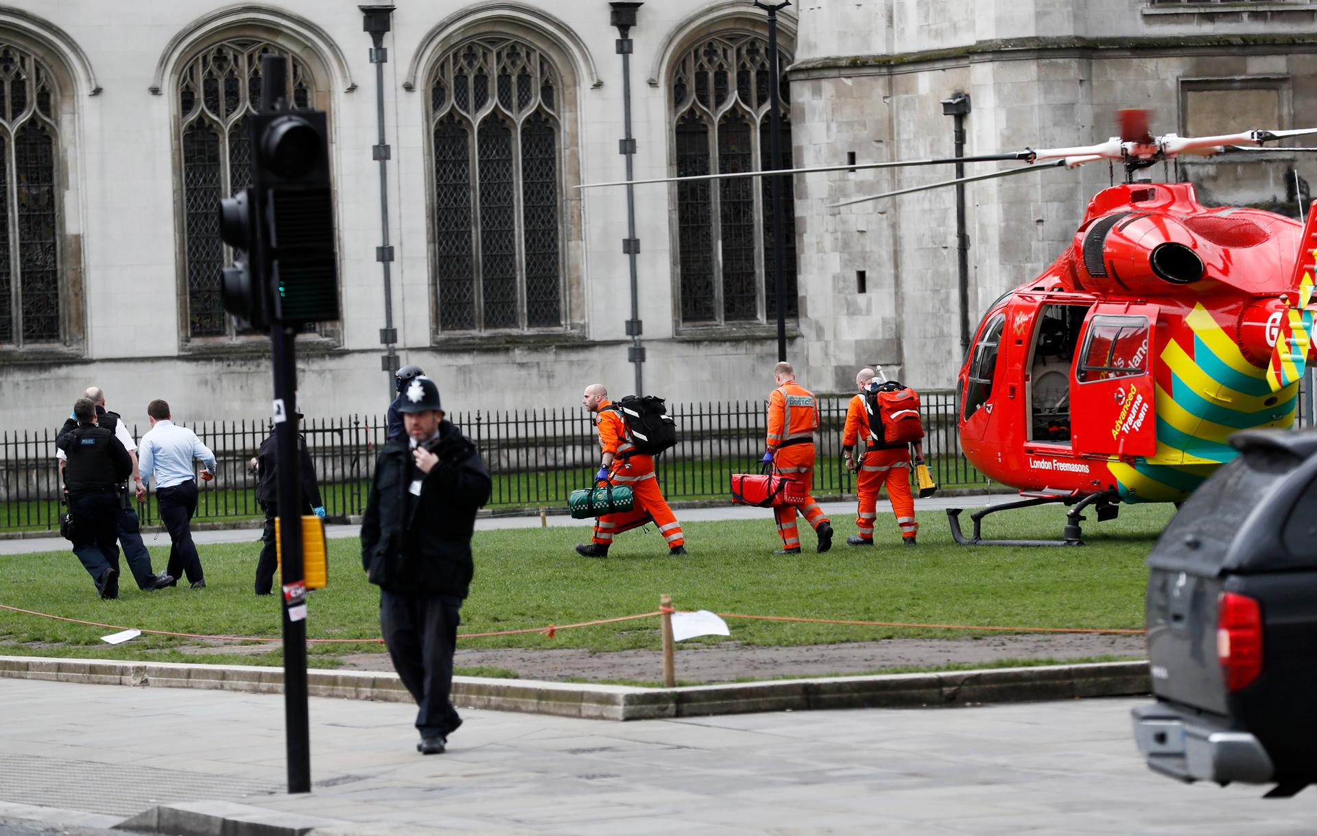 An air ambulance lands in Parliament Square