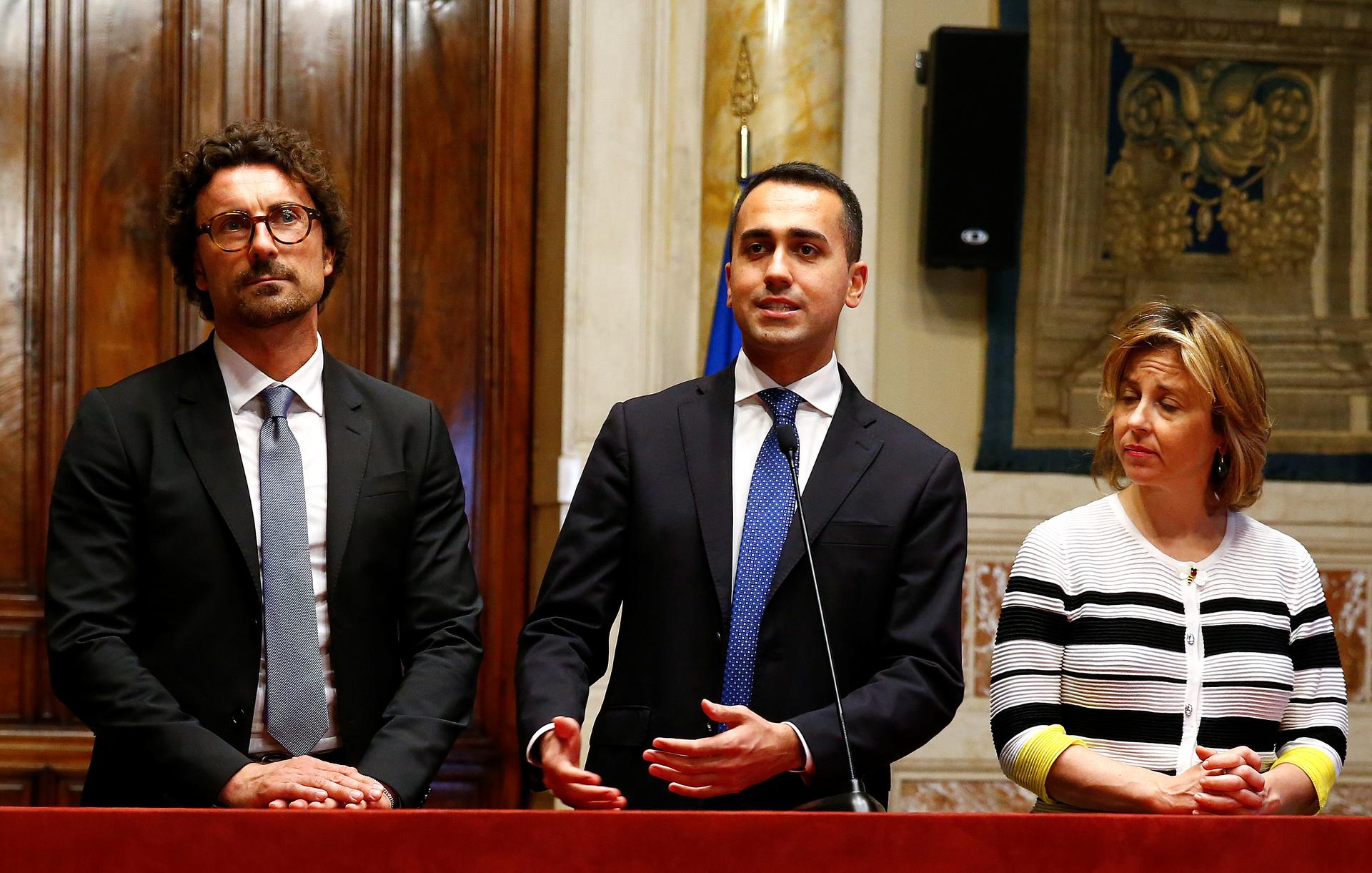 Luigi Di Maio speaks to the media after a round of consultations with Italy's newly appointed Prime Minister Giuseppe Conte at the Lower House in Rome, Italy,