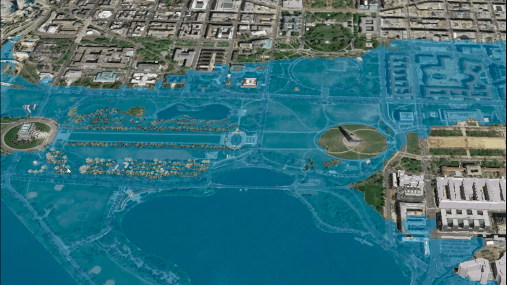This rendering depicts an aerial view of a flooded National Mall area in Washington, DC, in 2100 if global emissions rise and a Category 3 hurricane hits the city. It was included in an October 2016 webinar by University of Colorado Boulder’s Maria Caffre