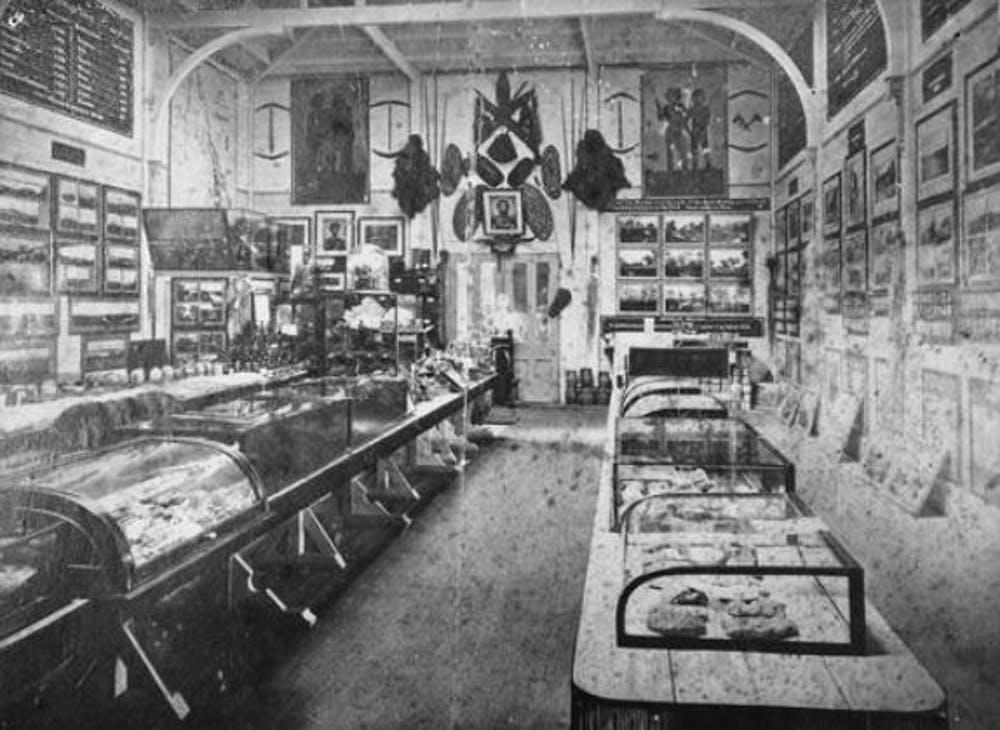 Inside Queensland’s first natural history museum, 1872, showing Aboriginal artefacts and images on the back wall.