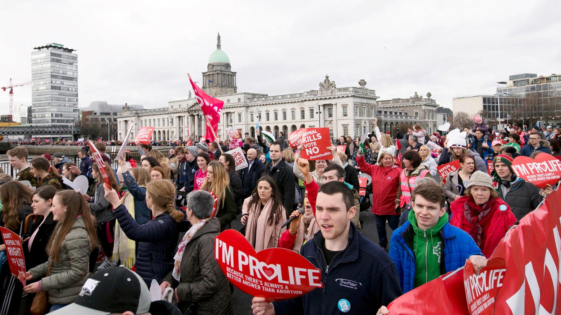 Participants in the "Rally for Life" demonstration marched through Dublin, Ireland on March 10, 2018. They called for voters to say 'No' in a national referendum set for May 25, asking if Ireland should repeal the constitutional amendment banning abortion