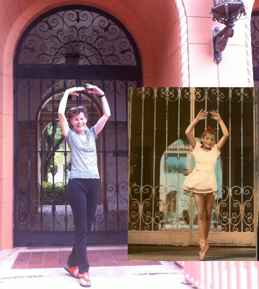 Judy Blume and her younger self pose in front of her childhood apartment building in Miami Beach.