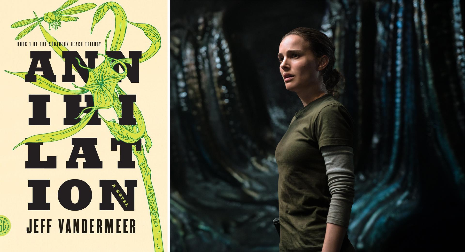 The book cover and a movie still from “Annihilation.”