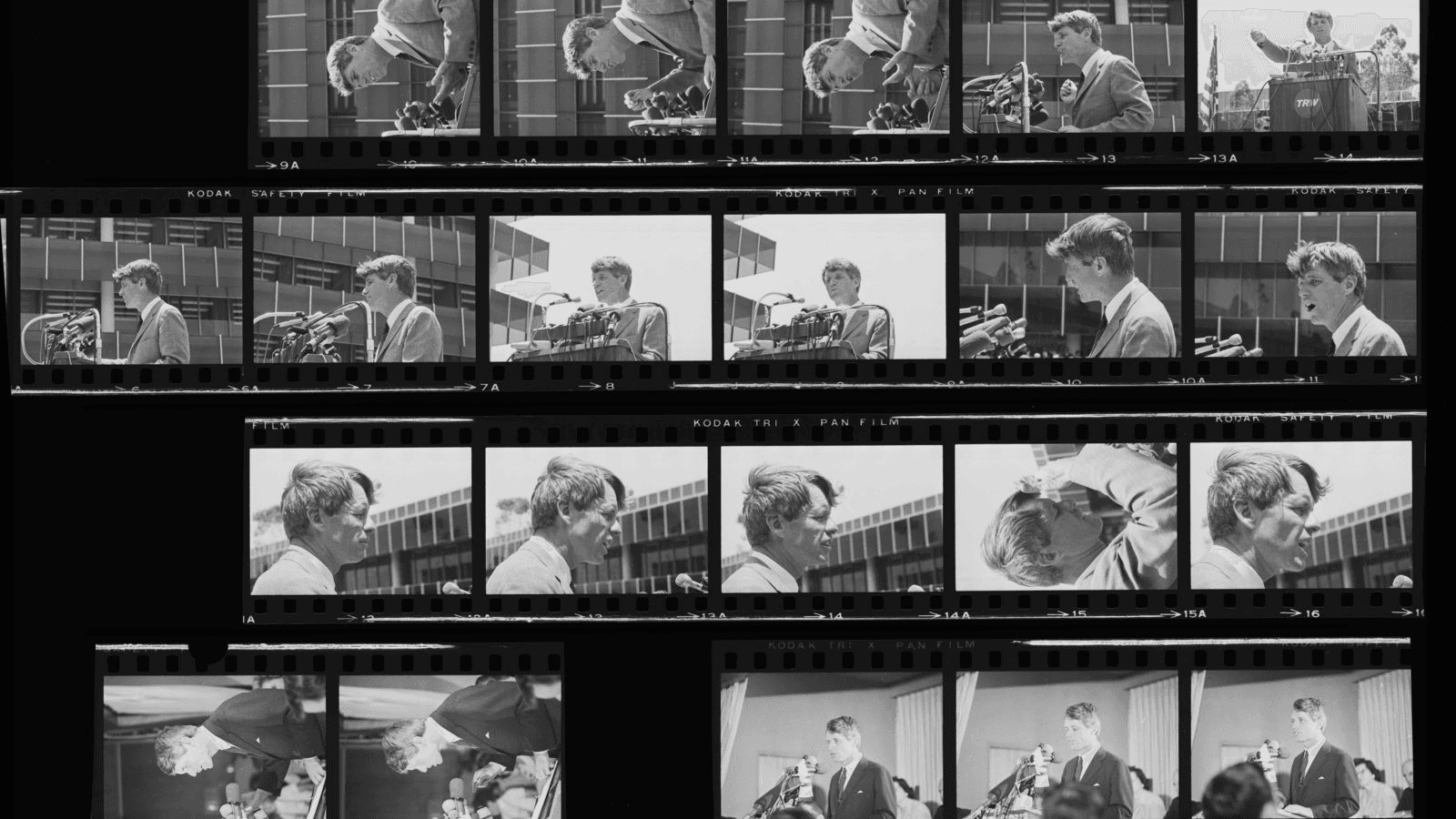 A photographic contact sheet of images of Robert F. Kennedy in 1968