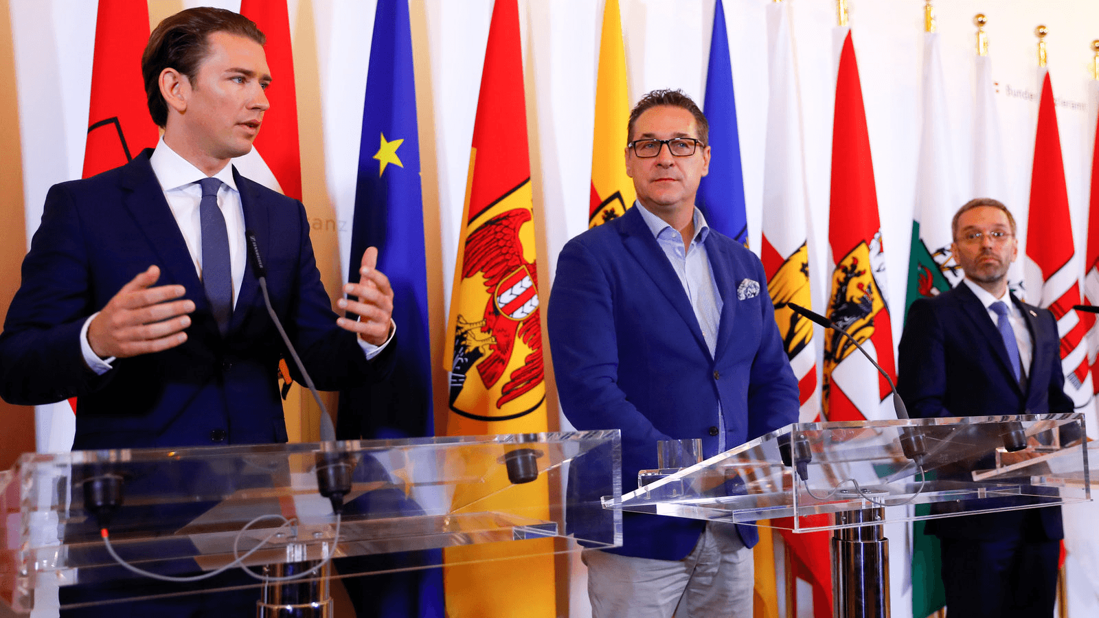 Austrian Chancellor Sebastian Kurz, Vice Chancellor Heinz-Christian Strache and Interior Minister Herbert Kickl attend a news conference in Vienna, Austria, June 8, 2018.