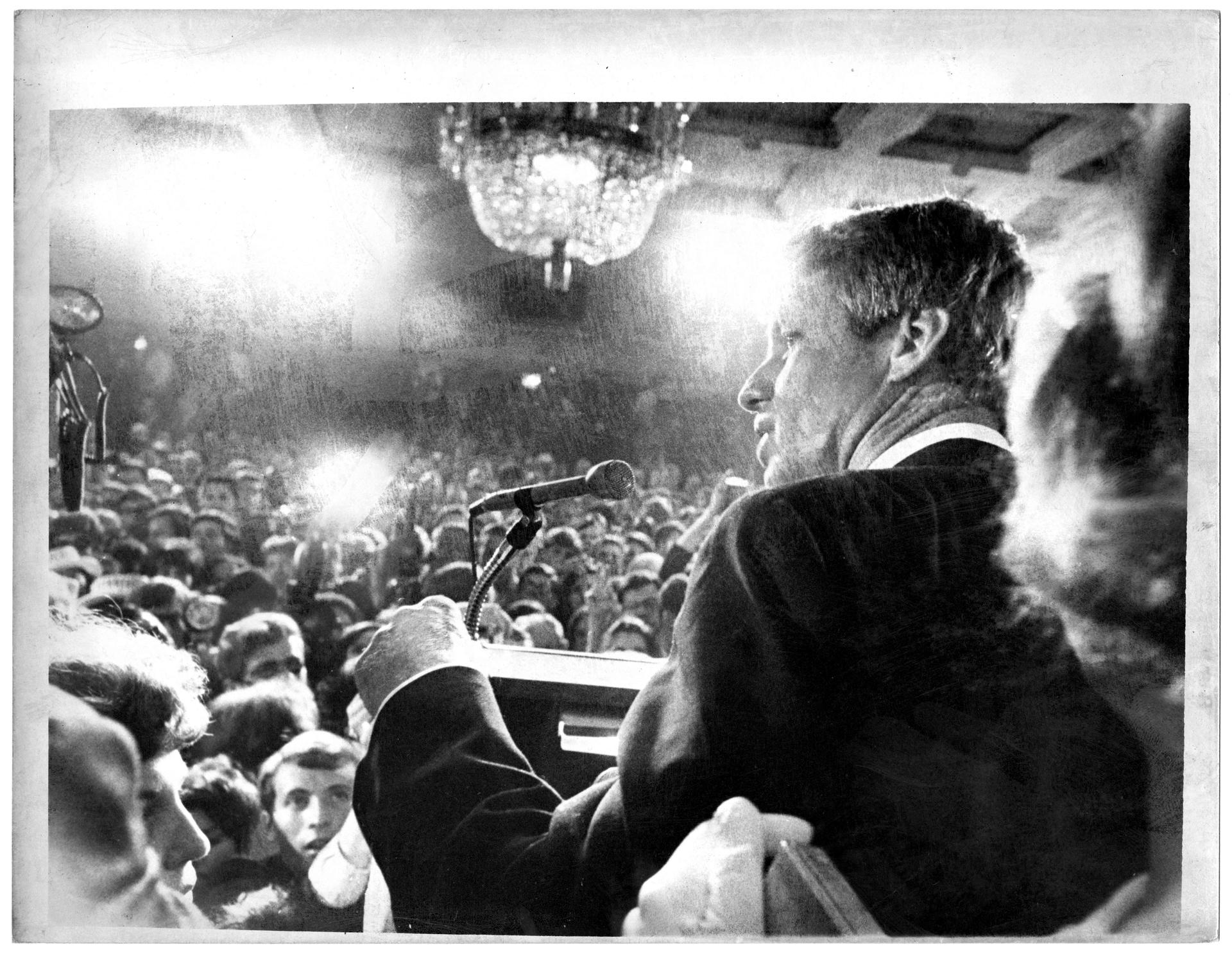 Robert Kennedy giving his victory speech at the Ambassador Hotel after winning the Democrat Party’s California primary.