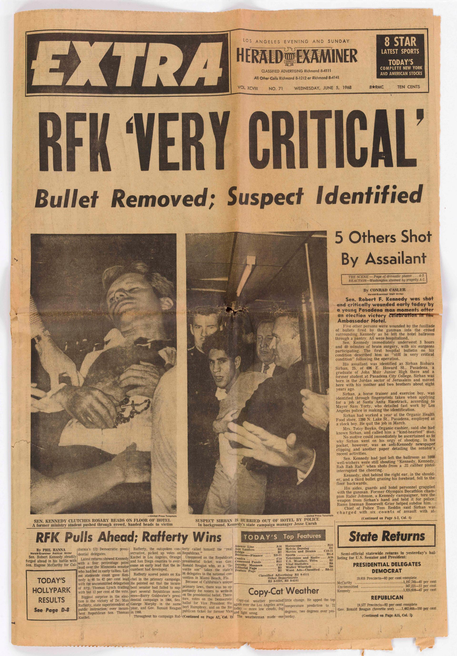 A special edition of the Los Angeles Herald Examiner newspaper following the shooting of Senator Robert F. Kennedy