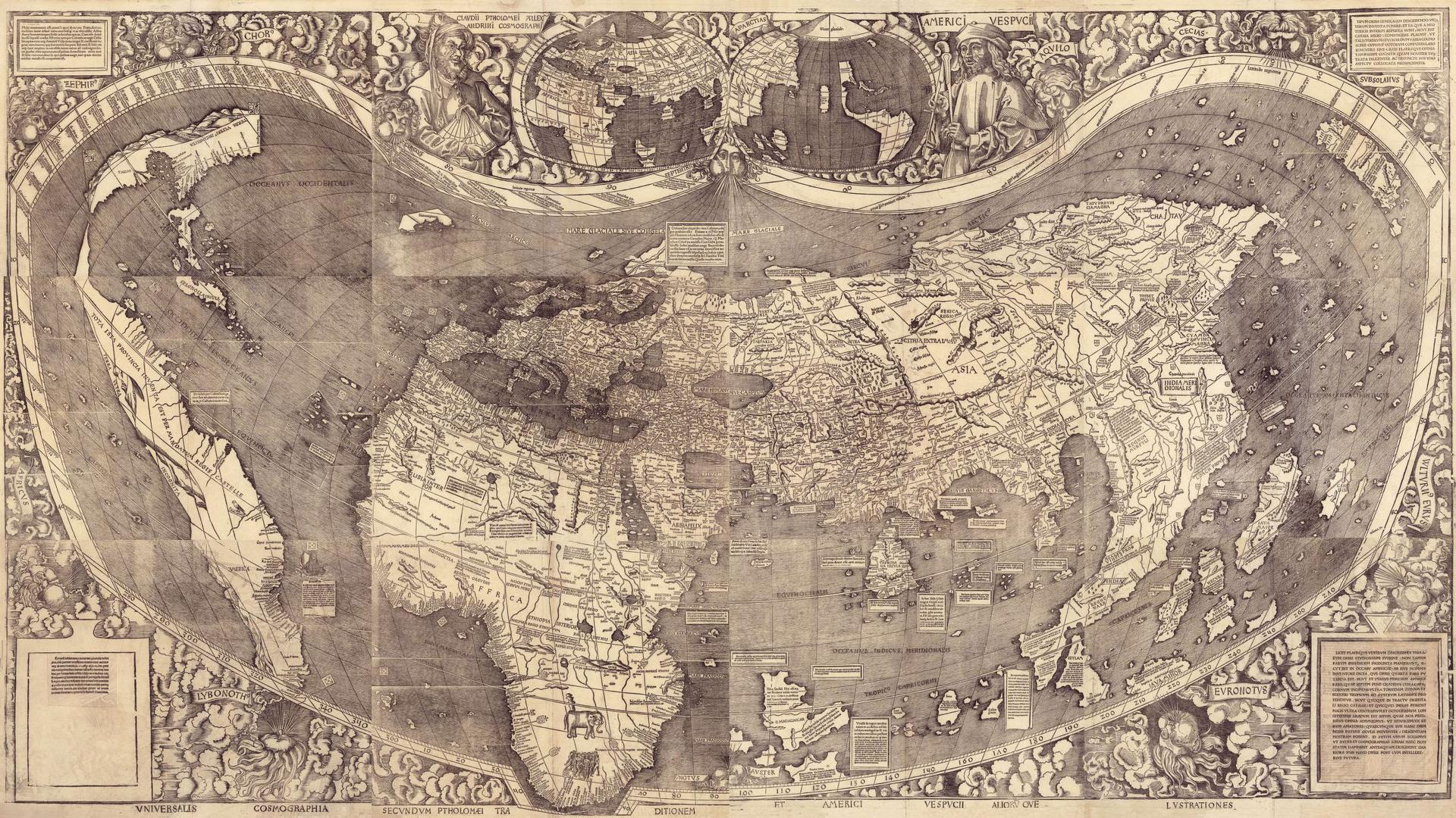 A old world map shows Africa at the center the map