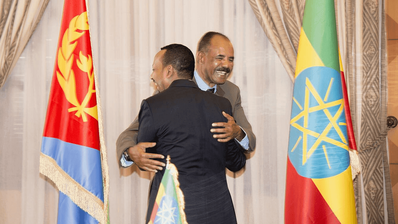 Ethiopia's Prime Minister Abiy Ahmed and Eritrean President Isaias Afwerk embrace