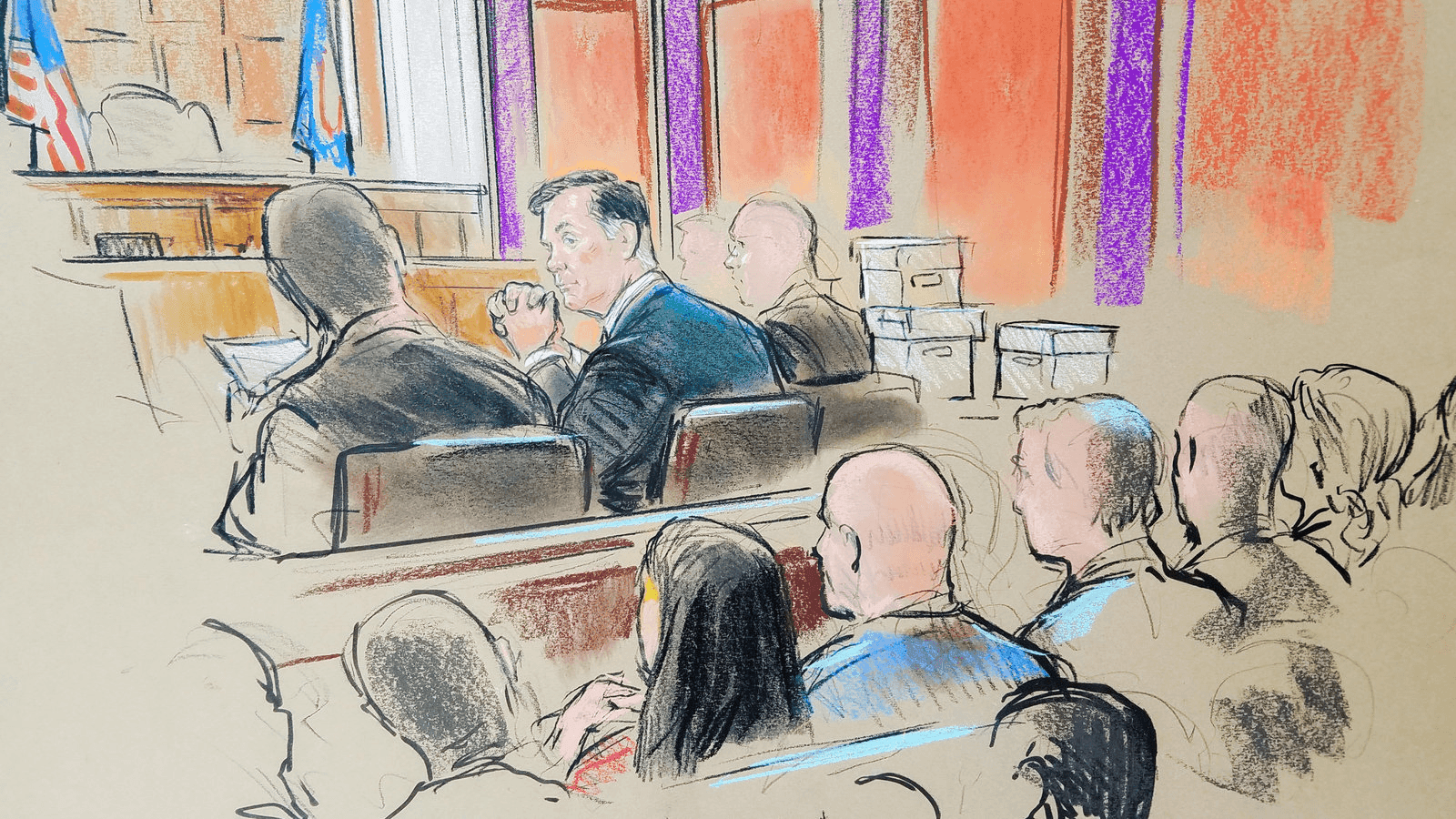 courtroom sketch of Paul Manafort at trial