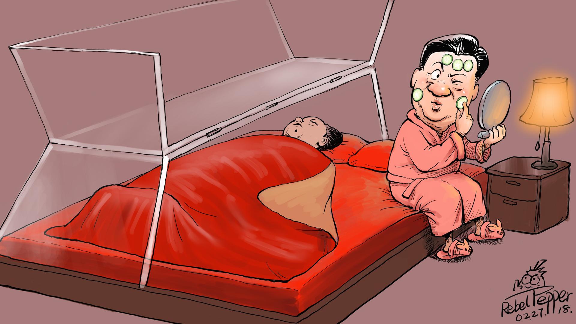 In this cartoon, Xi Jinping of China, sits on the side of a bed, ready to lay down next to a sleeping Mao Zedong. 