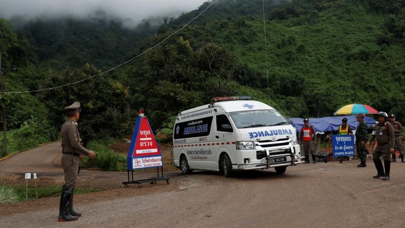 An ambulance is seen Tham Luang cave complex, where schoolboys are trapped in a flooded cave, July 9, 2018.