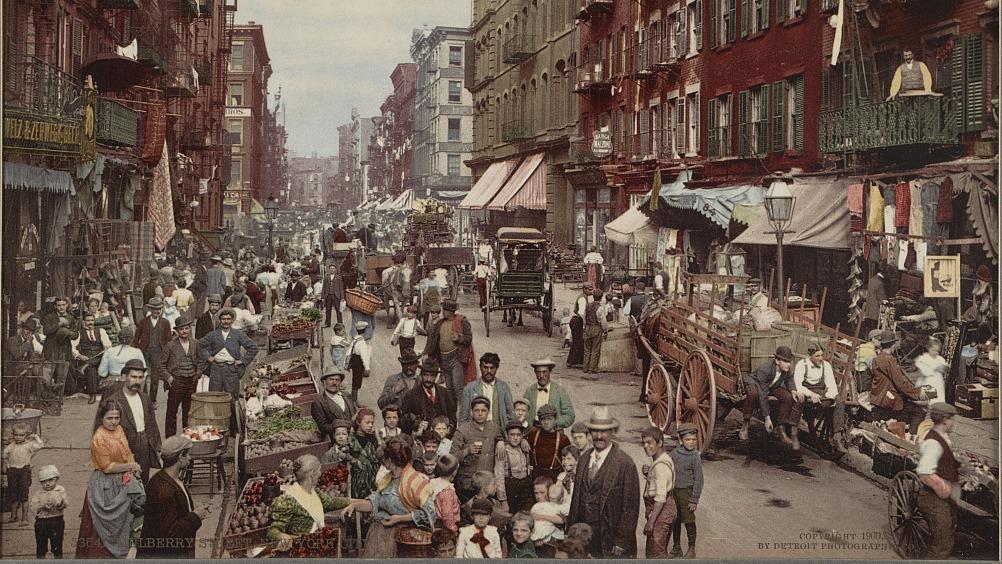 Street scene, colorized old photo, vendors, people in top hats, carriages