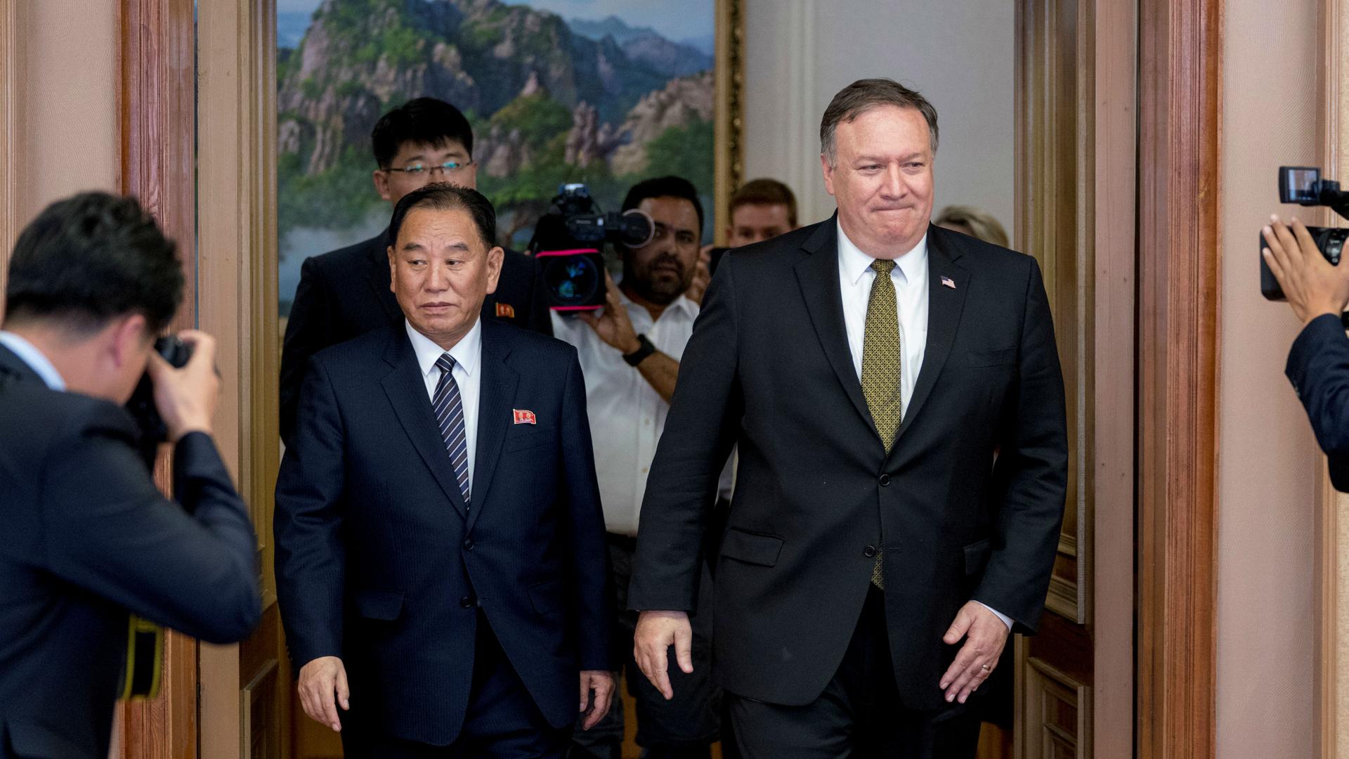 US Secretary of State Mike Pompeo and Kim Yong-chol, a North Korean senior ruling party official and former intelligence chief, return to discussions after a break at Park Hwa Guest House in Pyongyang, North Korea, July 7, 2018.