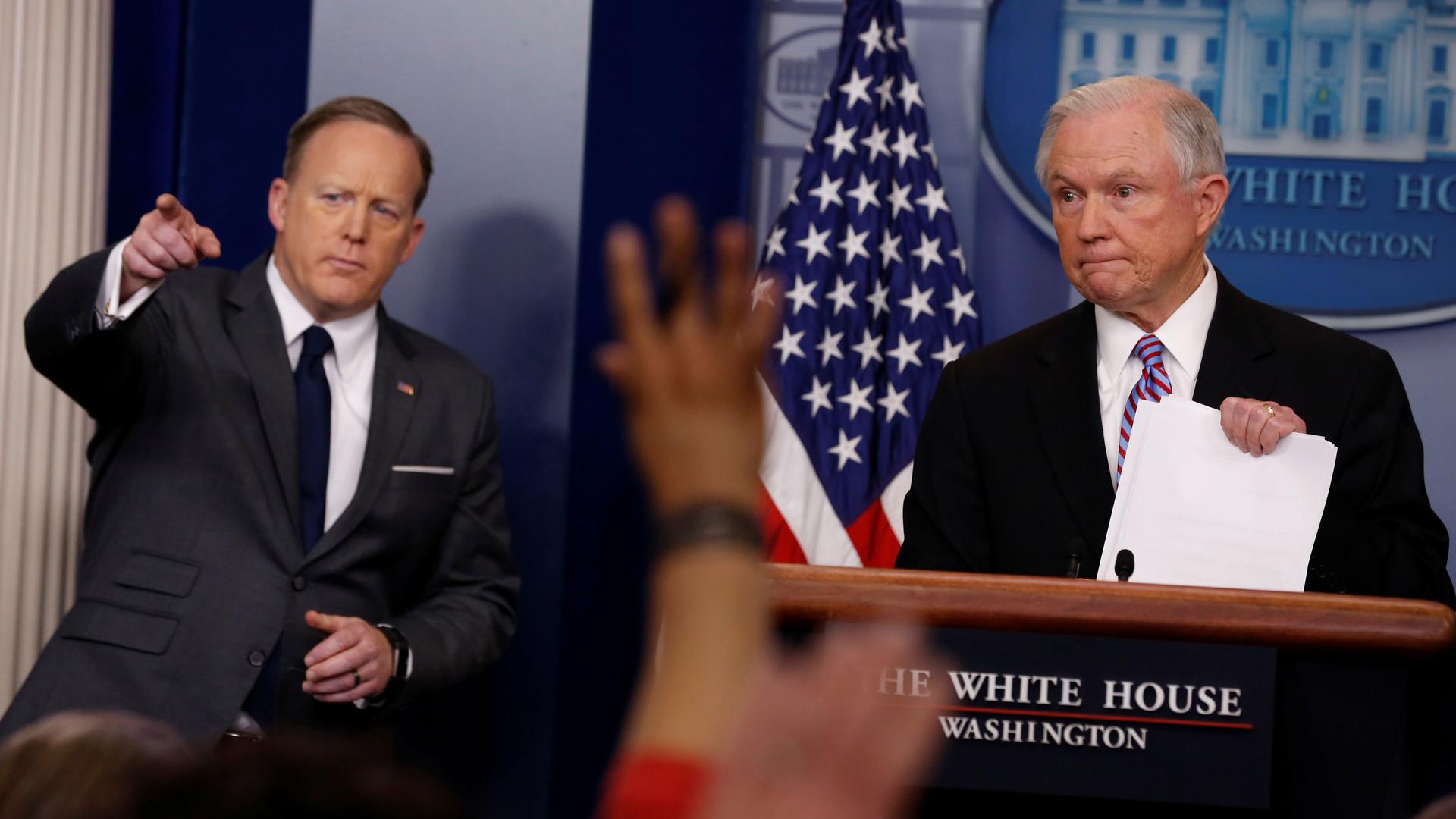 US Attorney General Jeff Sessions, on the right, joined White House Press Secretary Sean Spicer for the daily press briefing on Monday, March 27.