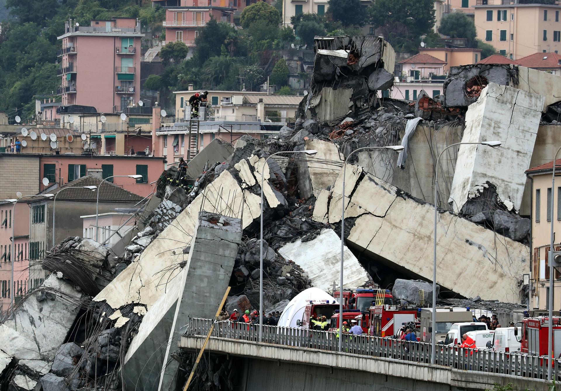 The collapsed Morandi Bridge is seen in the Italian port city of Genoa, Italy Aug. 14, 2018