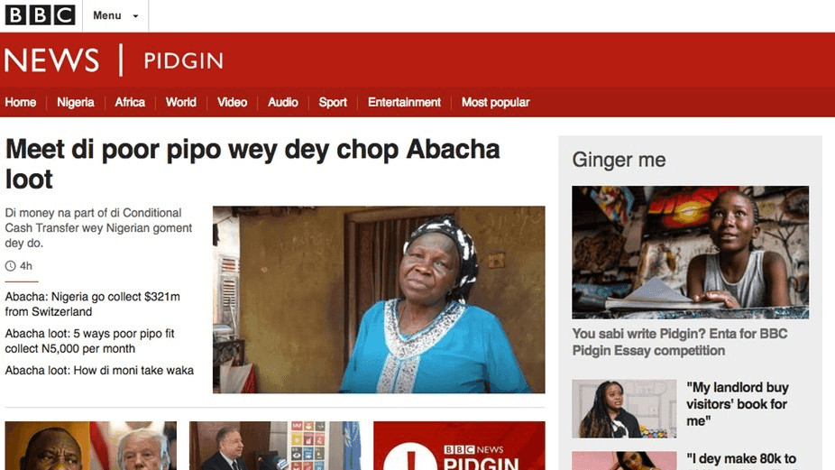 a screenshot of the BBC's pidgin language site
