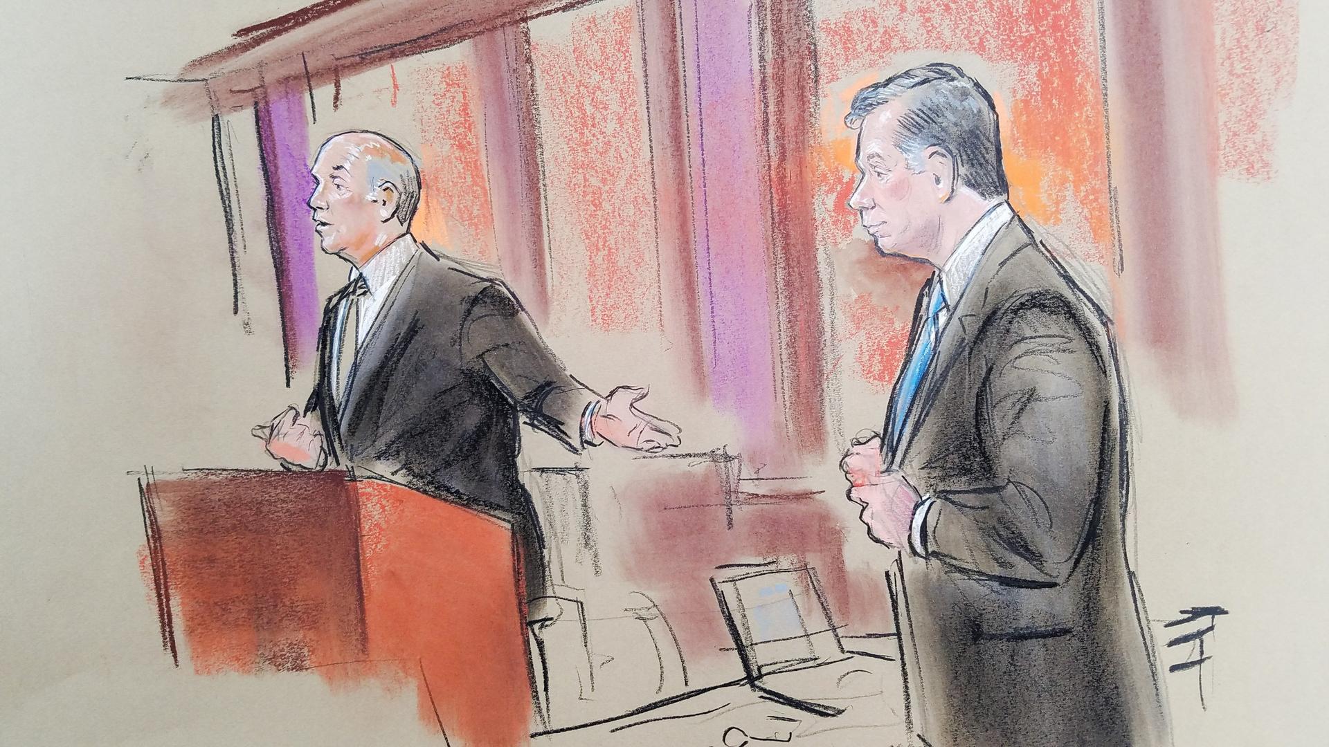 Attorney Tom Zehnle gestures with his left arm to his client, former Trump campaign manager Paul Manafort, in a court room sketch.