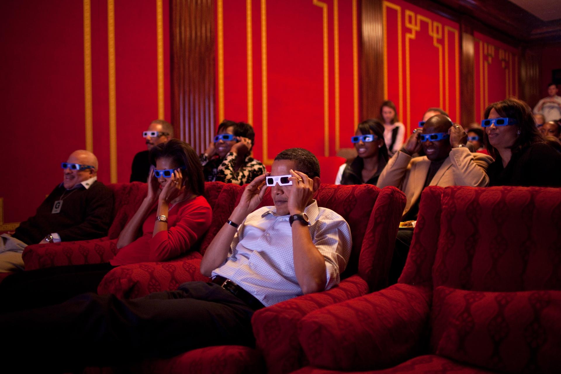 President Barack Obama and First Lady Michelle Obama in the family theater of the White House on February 1, 2009.