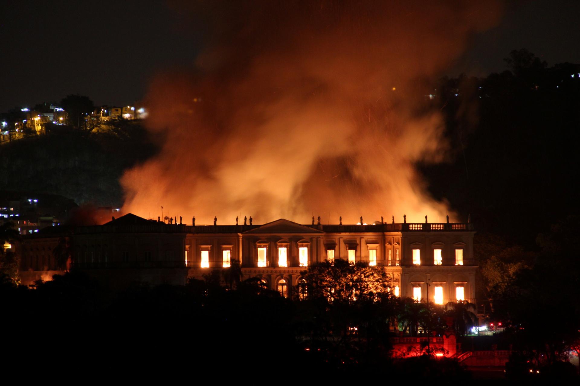 A fire burns at the National Museum of Brazil.