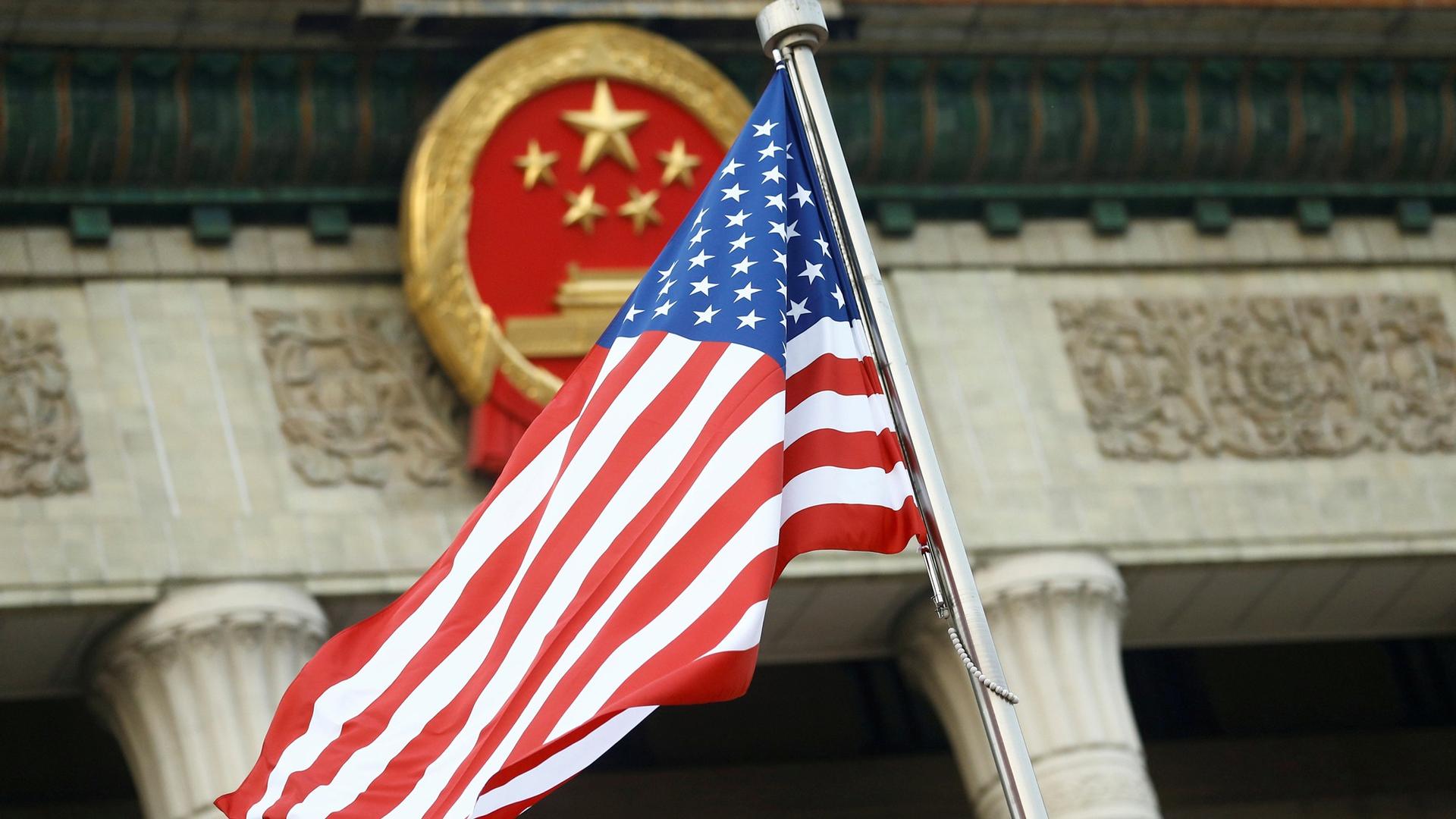 A US flag is seen during a welcoming ceremony in Beijing, China.