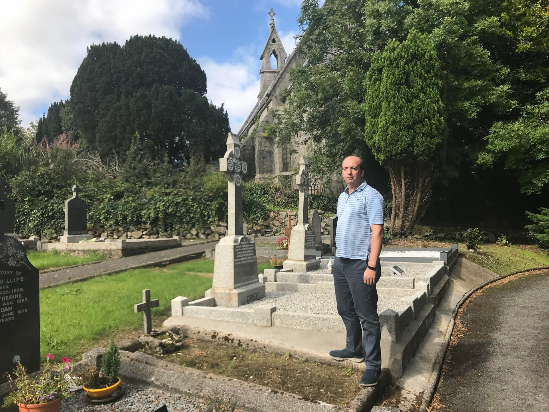 Farmer Damian McGenity in the border village of Jonesborough. The graveyard in Ireland. The church is in Northern Ireland.