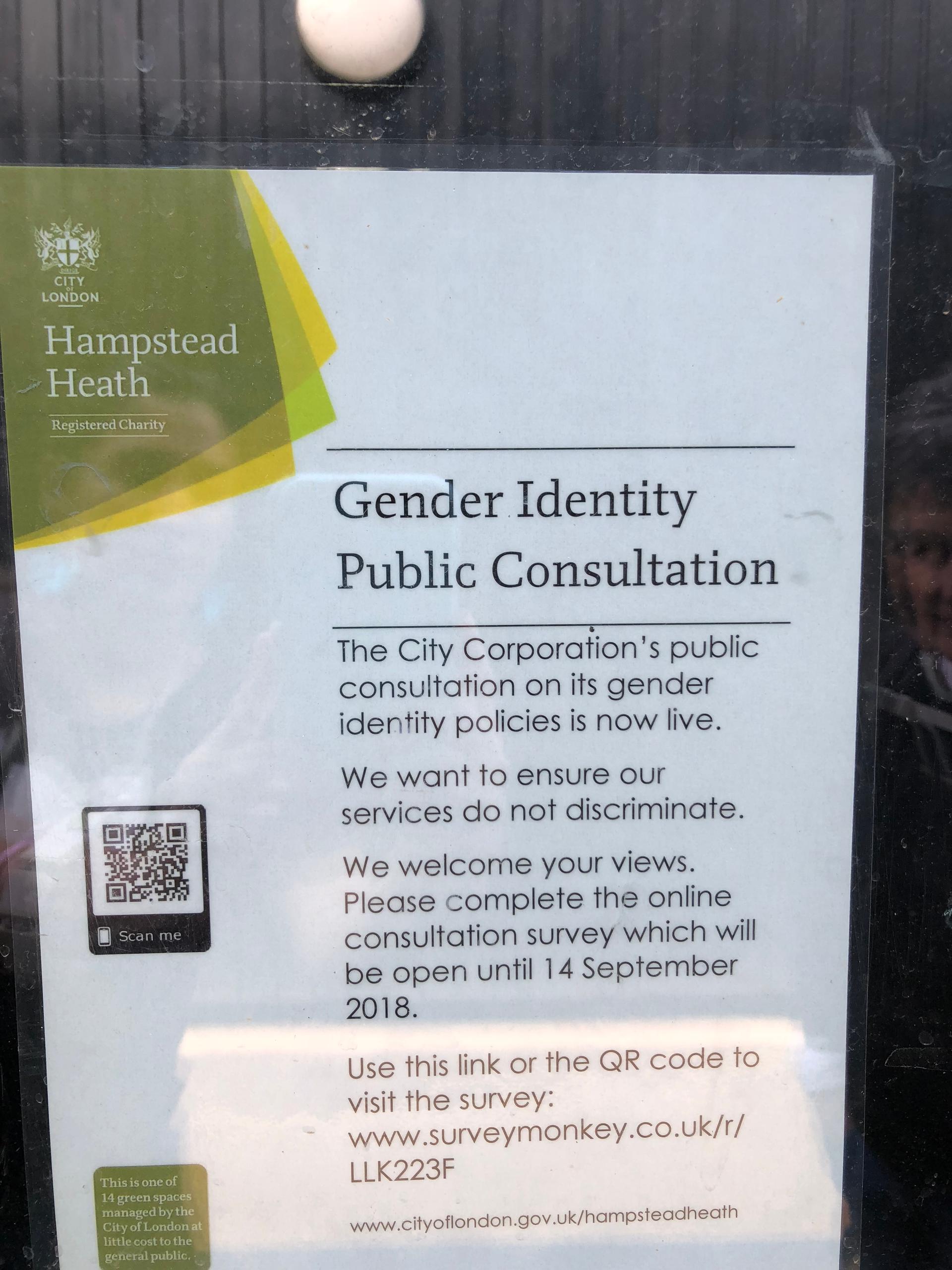 A sign on the window of the office at the Hampstead Heath Ladies' Pond stating that transgender women are allowed at the pond.