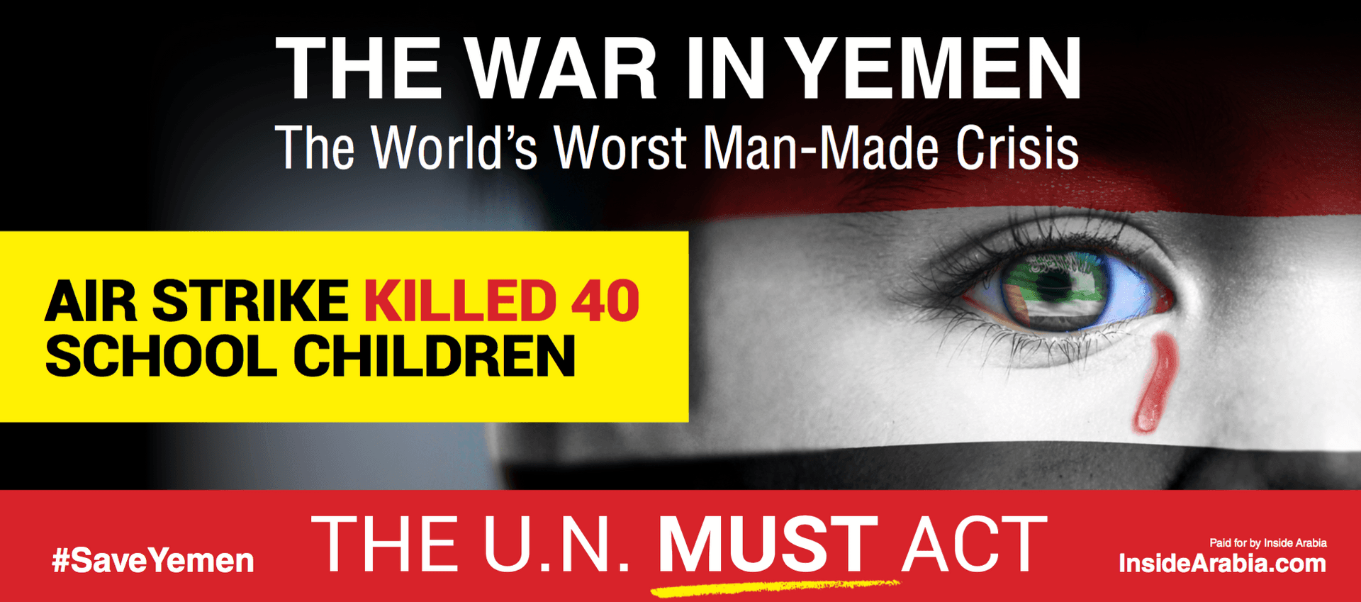 #SaveYemen graphic combines image of the face of a Yemeni child with messages about the Yemen war