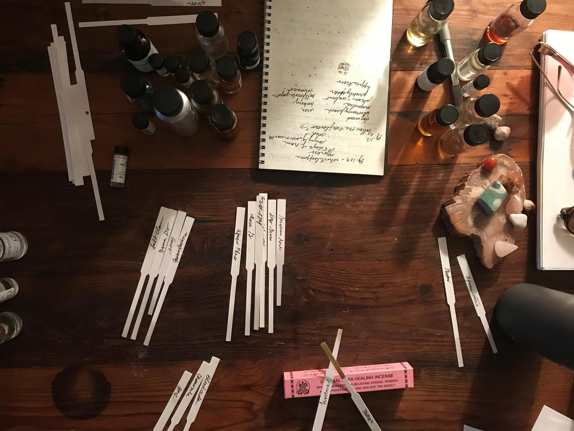 Tanwi Nandini Islam’s home dining table is covered in scents and testing strips as she builds her “Beloved” perfume.