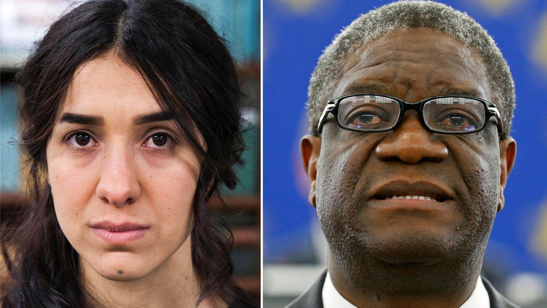 This is a combined composition with two portraits: Yazidi survivor Nadia Murad on the left and Denis Mukwege on the right.