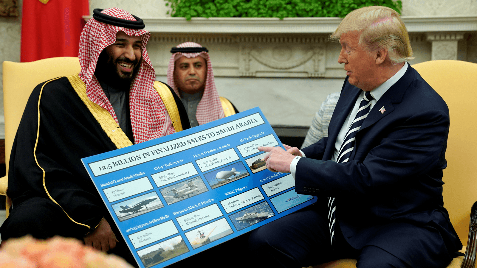 US President Donald Trump holds a chart of military hardware sales next to Saudi Arabia's Crown Prince at the White House