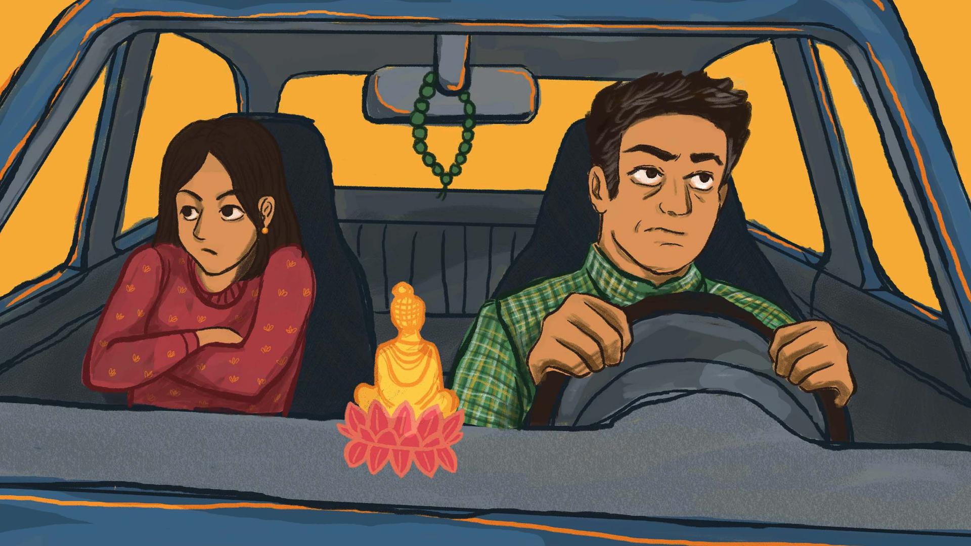 Illustration of young woman sitting in car, arms folded in despondent pose, while older man is driving, with prayer beads hanging from rearview mirror and Buddha figurine on dash