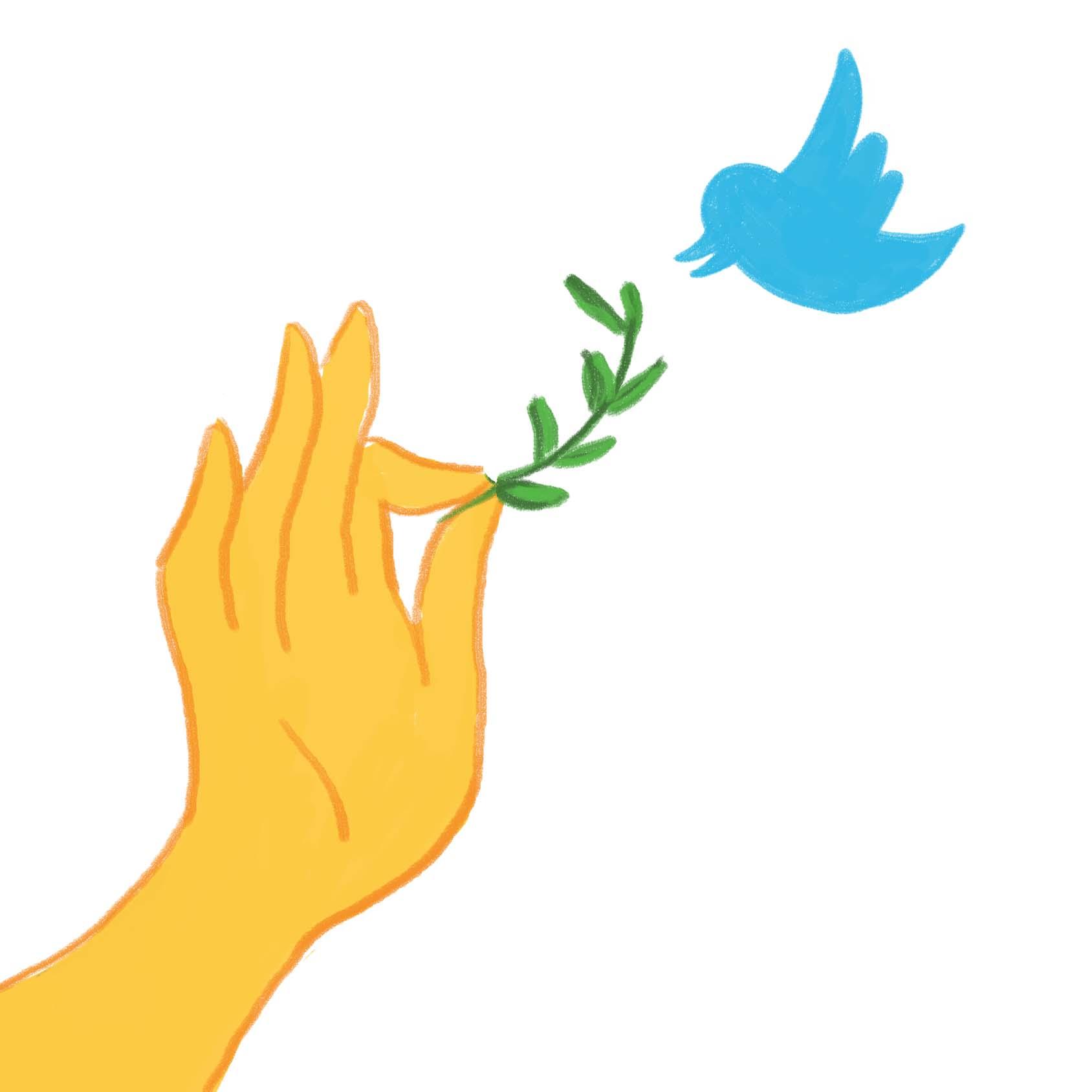 Artistic rendition of a hand in Buddhist hand gesturing reaching out with vine to bird, in shape of the Twitter logo