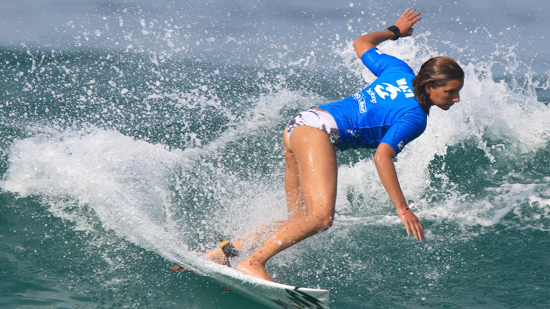 close up of Maya Gabeira surfing 