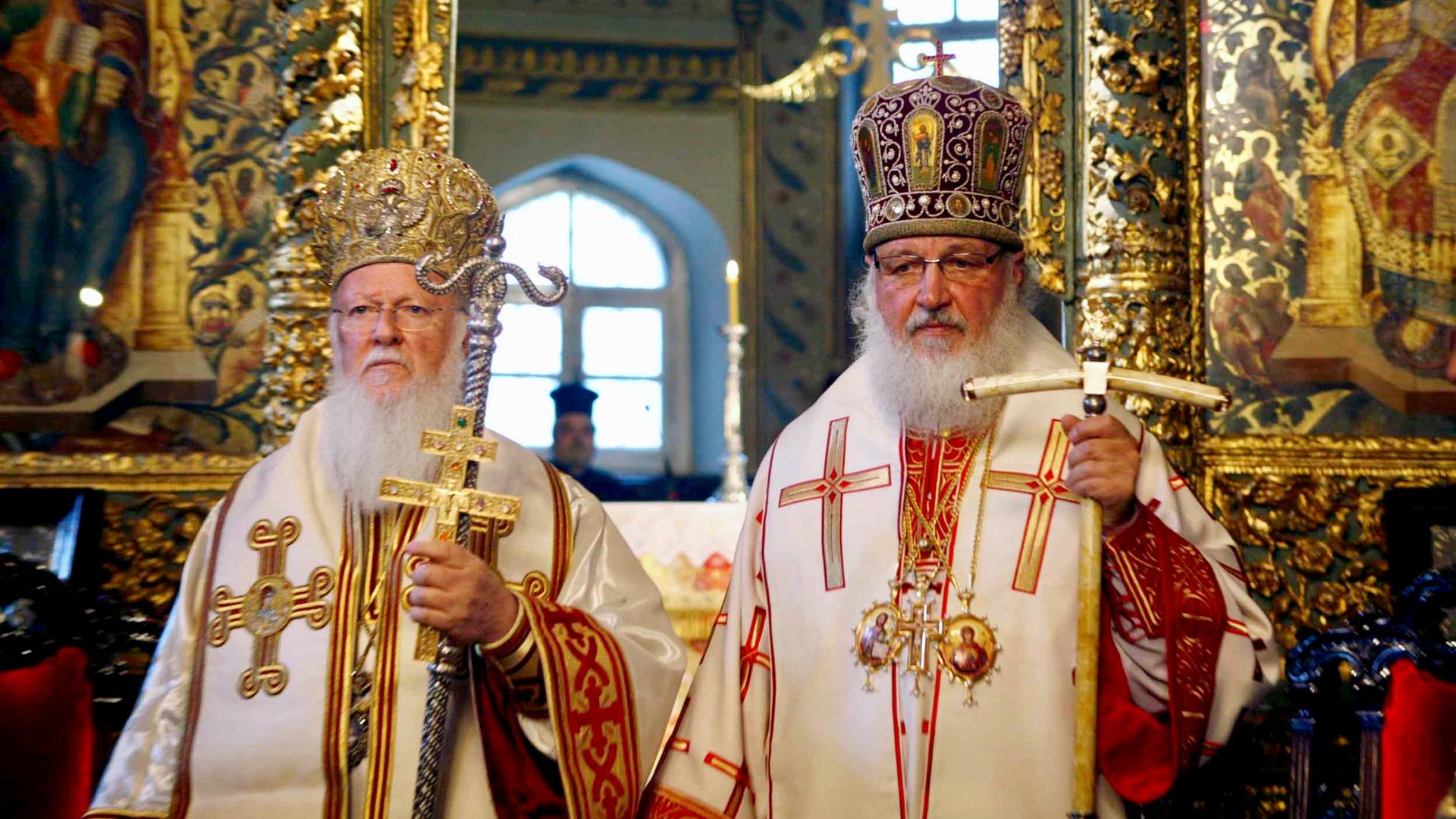 In this photo from 2009, the Ecumenical Patriarch, Bartholomew I (left) and Russian Orthodox Patriarch Kirill stand side-by-side during a Sunday service in the Patriarchal Cathedral of St. George at the Ecumenical Orthodox Patriarchate in Istanbul, Turkey