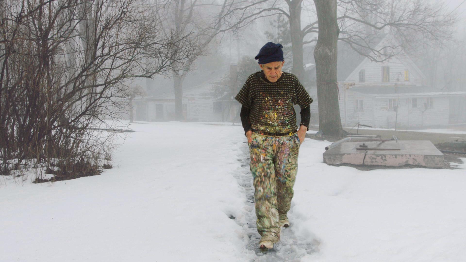 Painter Larry Poons walks to his studio in a still from the documentary “The Price of Everything.”