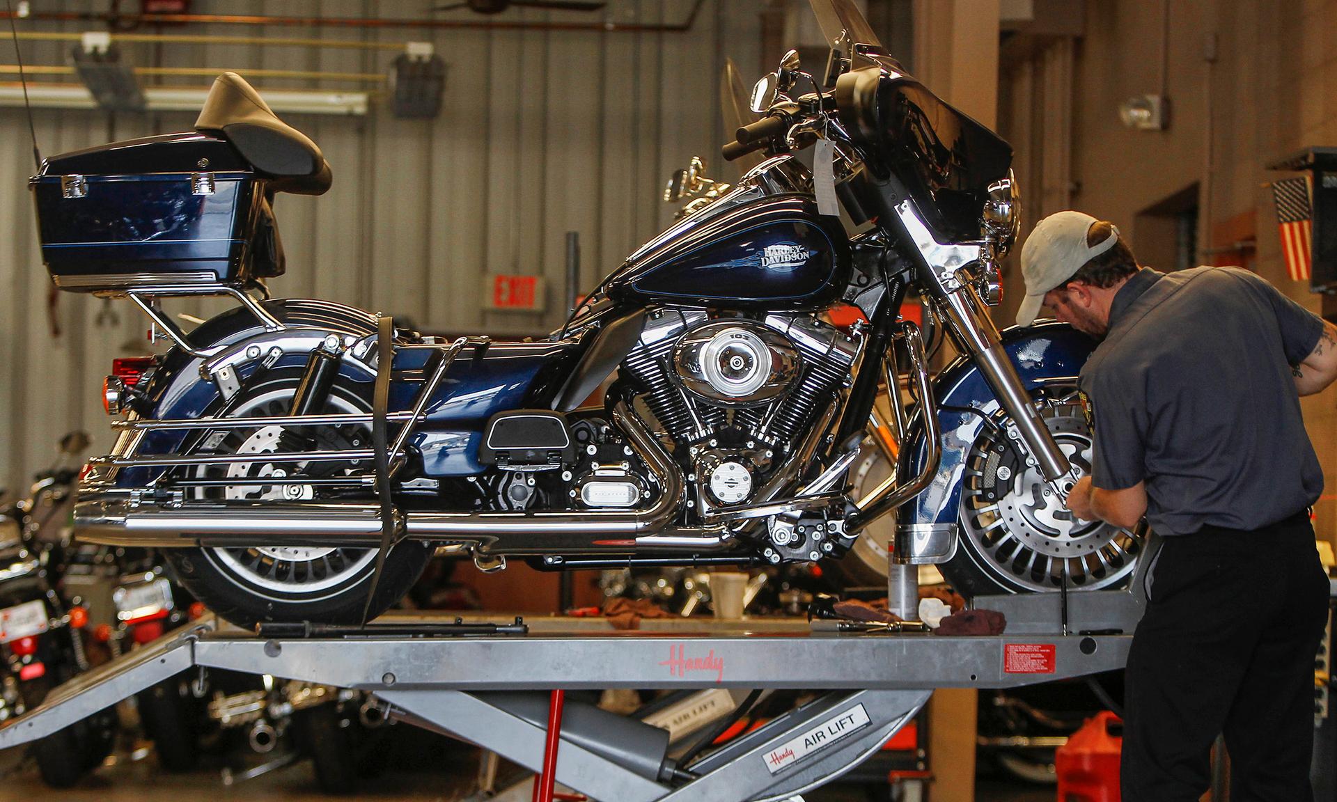 A technician services a Harley-Davidson Classic at Harley-Davidson of Frederick in Maryland.
