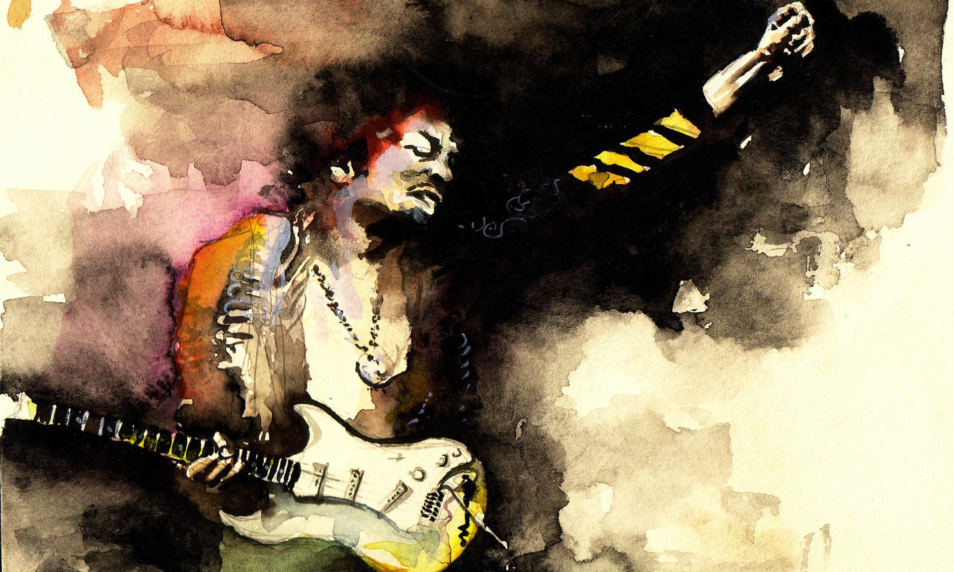 A watercolor of Jimi Hendrix.