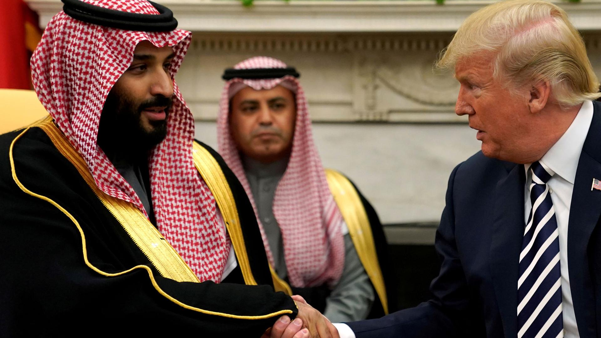 US President Donald Trump is shown shaking hands with Saudi Arabia's Crown Prince Mohammed bin Salman in a medium framed photograph. 