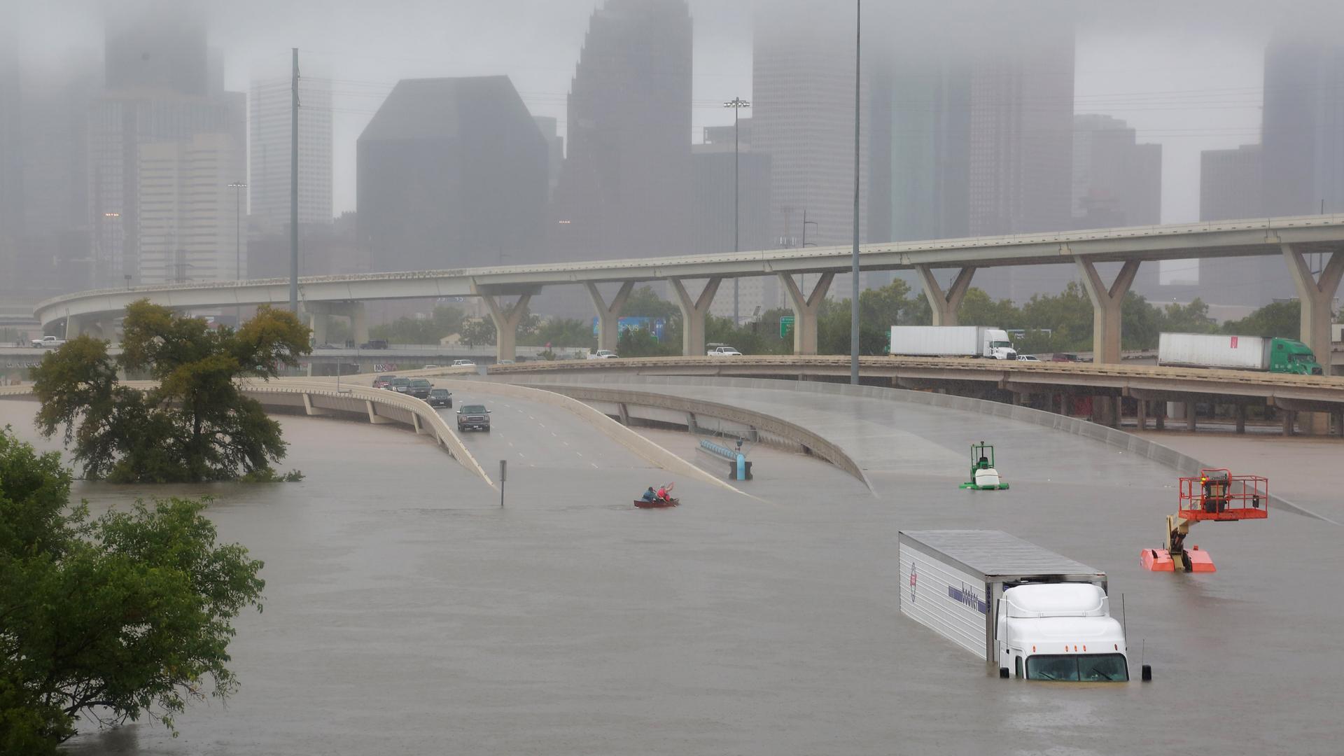 Widespread flooding submerged Interstate Highway 45 in Houston. Hurricane Harvey dropped up to 61 inches of rain on parts of Texas and Louisiana, Aug. 27, 2017. 