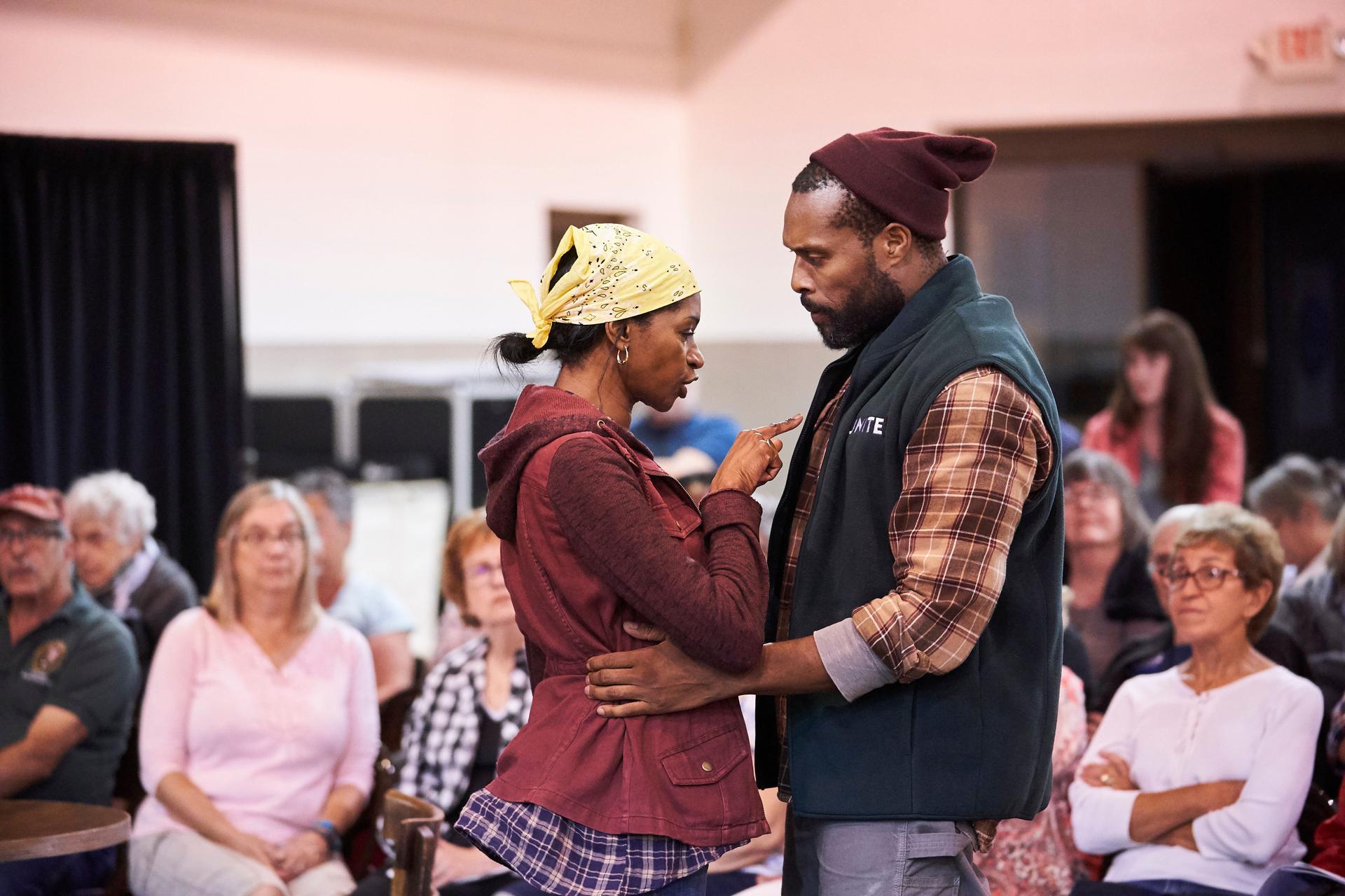 Jenny Jules and Benton Greene in the Mobile Unit National Tour of “Sweat,” written by Lynn Nottage and directed by Kate Whoriskey, in Ravenna, OH during a free tour to 18 cities in the Midwest.