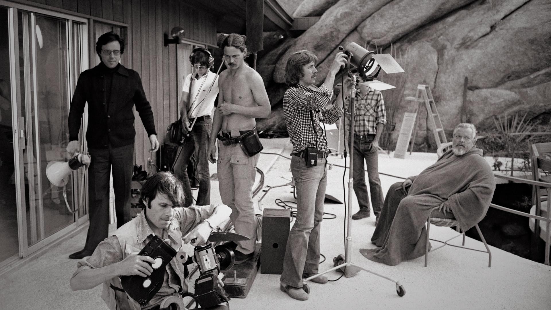 Orson Welles, Peter Bogdanovich and the crew on the set of “The Other Side of the Wind.”