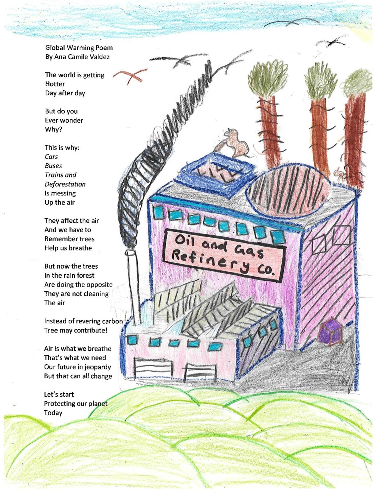 A child's illustrations decorate the border of a page that is a poem about the Amazon