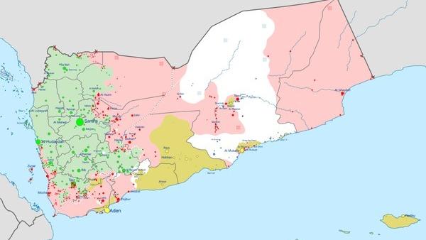 A colored map marks areas in green where Houthis are in control, from 2015.
