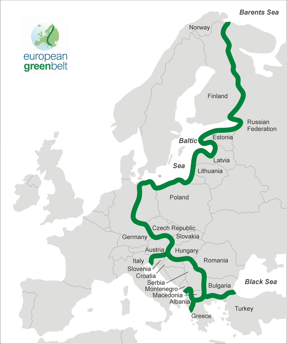 Map showing European Green Belt that traces the original route of the Iron Curtain. 