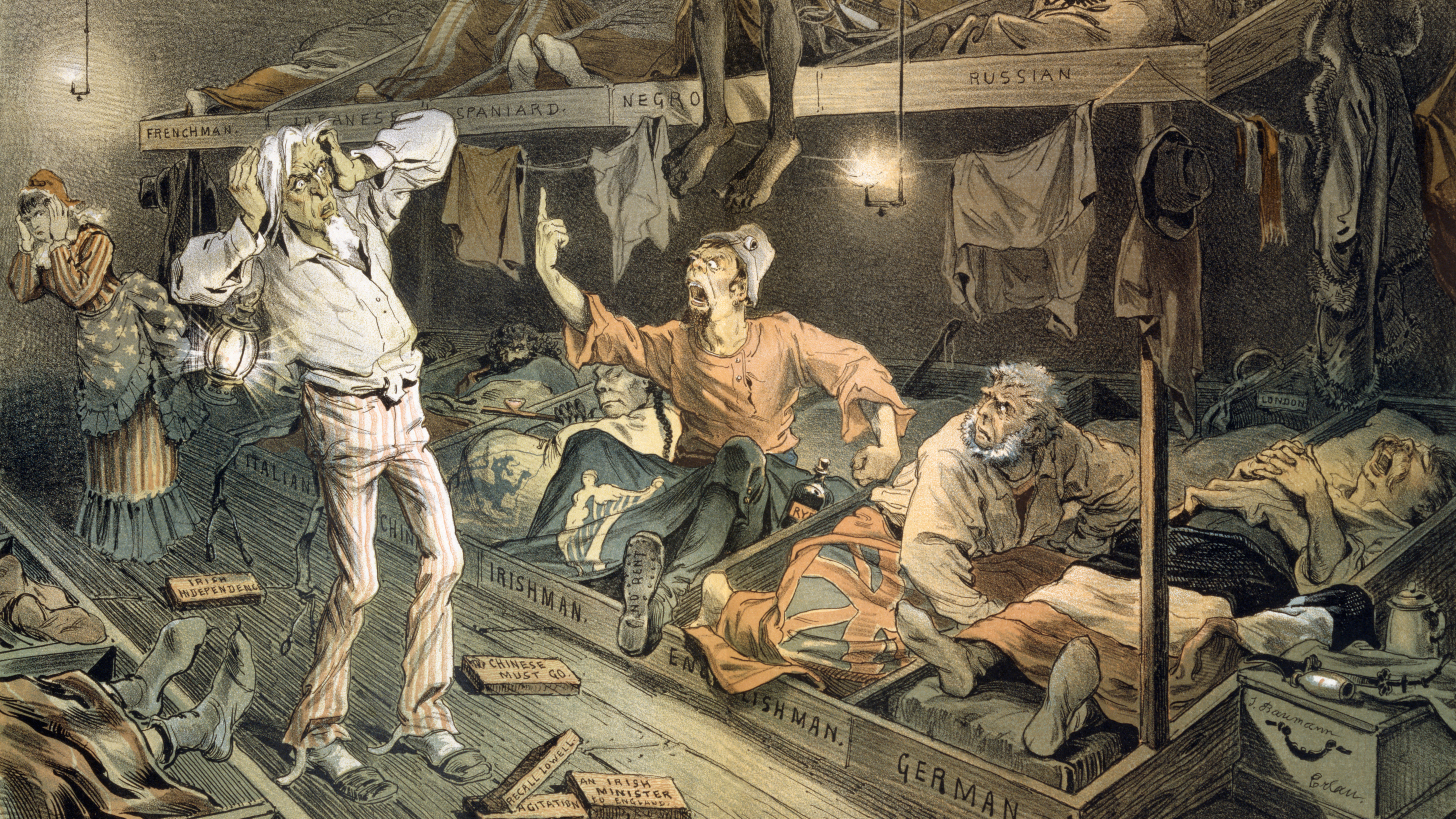An 1882 cartoon print shows an Irishman confronting Uncle Sam in a boarding house filled with laborers.